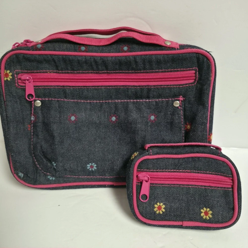 Vintage 2005 Thomas Nelson Flower Power Denim Bible Cover Case Large w/ Pouch